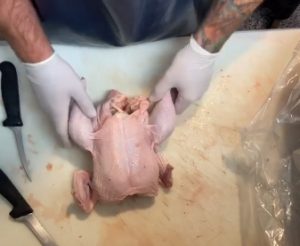 butcher demonstrates how to cut thighs and breasts from whole chicken