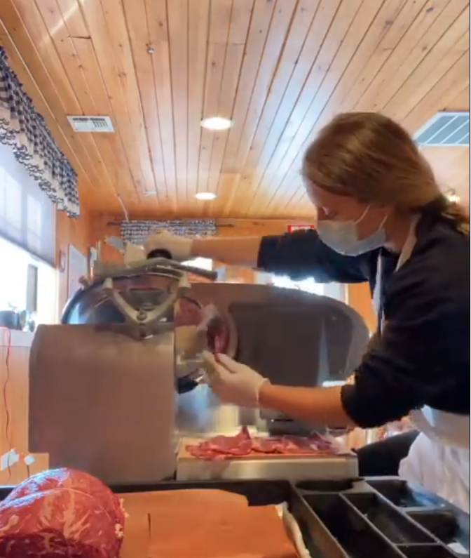 Chip Steak being cut by Stacie Faille